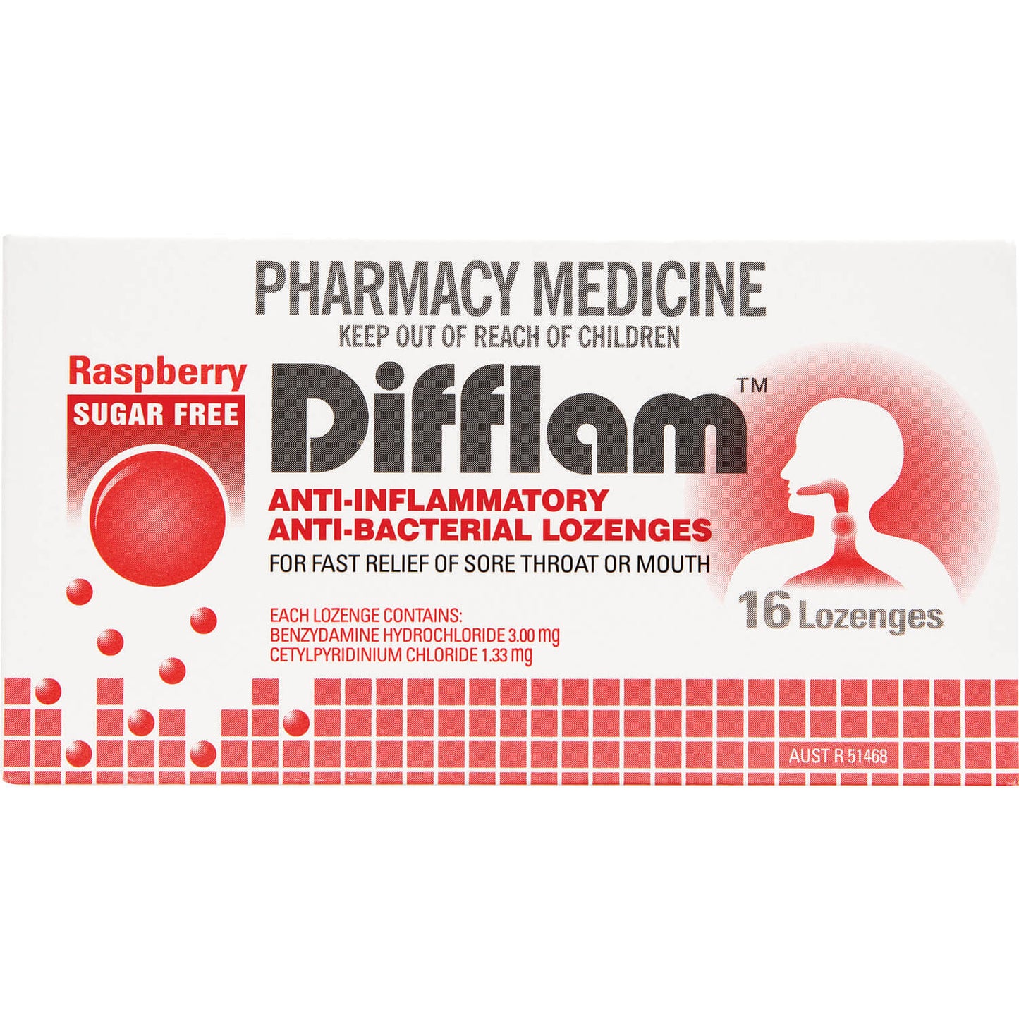 Difflam Raspberry Lozenges Sugar Free 16