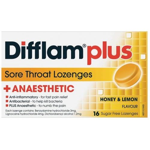 Difflam Plus Anaesthetic Sugar Free Honey & Lemon Lozenges 16