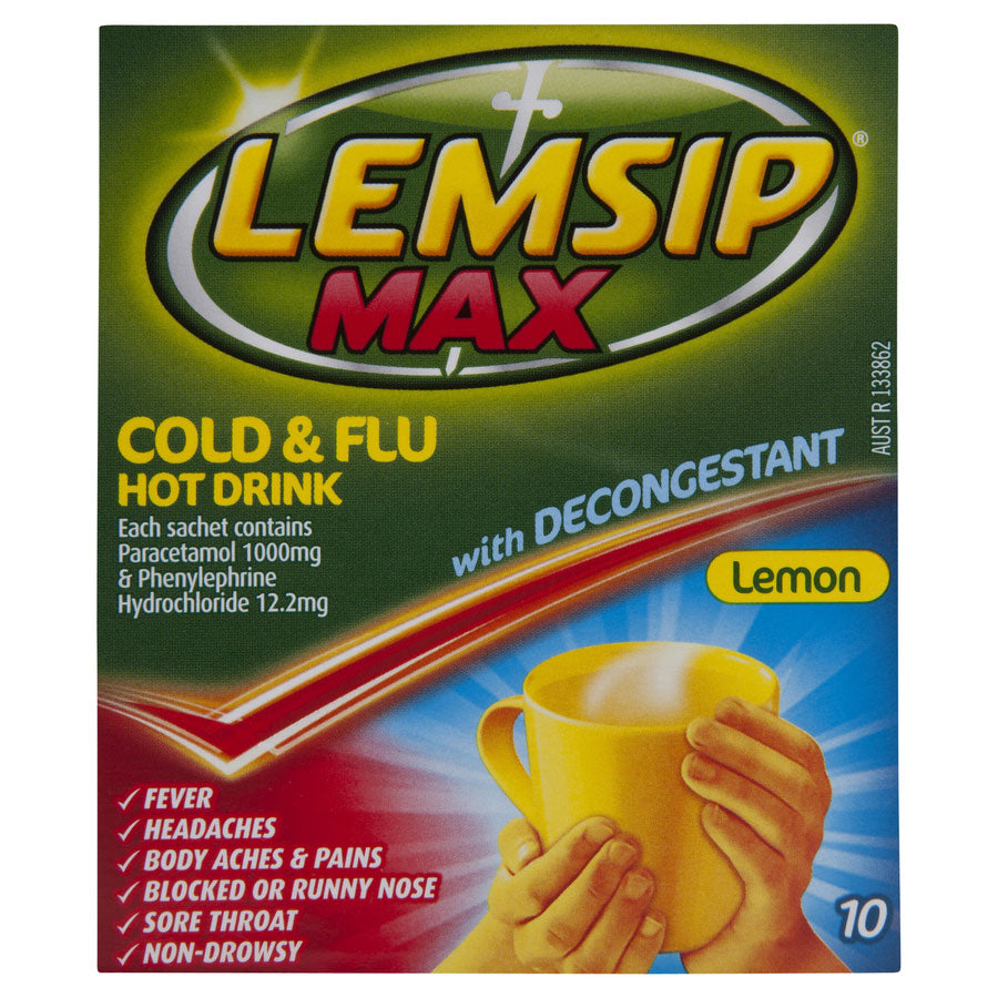 Lemon Flu Lemsip Max Cold & Flu Decongestant Lemon 10 Sachets | Eclipse Pharmacy